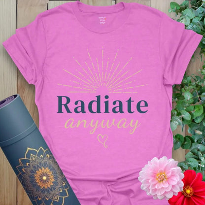 Heather Radiant Orchid Radiate T-Shirt with flowing text and soft power. Lightweight cotton yoga top with flair.