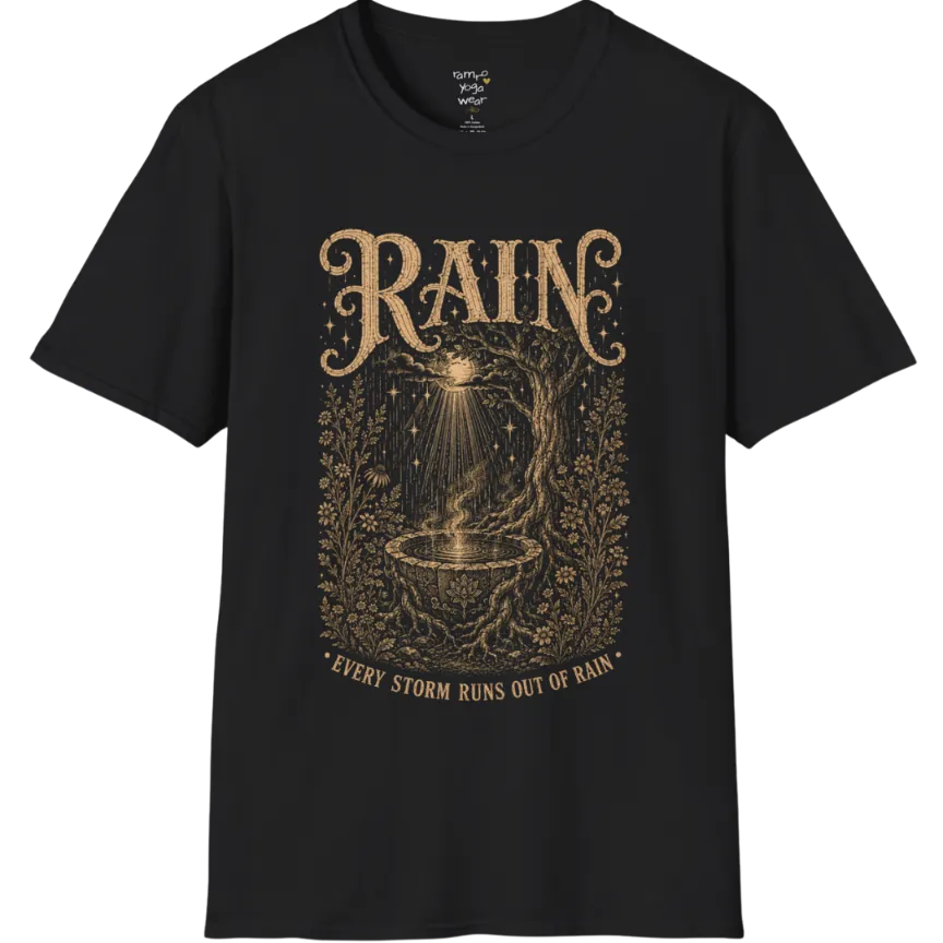 Rain falling into a stone basin beneath an ancient tree — Sacred Thread collection by Ramro Yoga Wear in Black