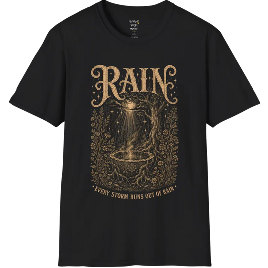 Rain falling into a stone basin beneath an ancient tree — Sacred Thread collection by Ramro Yoga Wear in Black