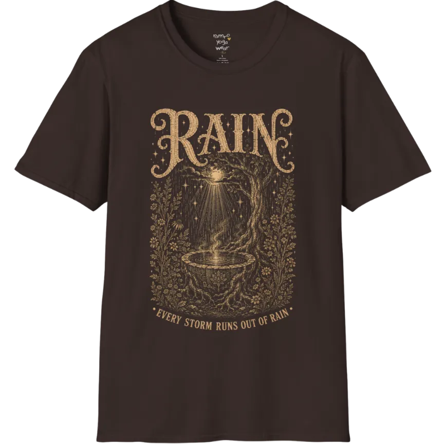 Rain falling into a stone basin beneath an ancient tree — Sacred Thread collection by Ramro Yoga Wear in Dark Chocolate