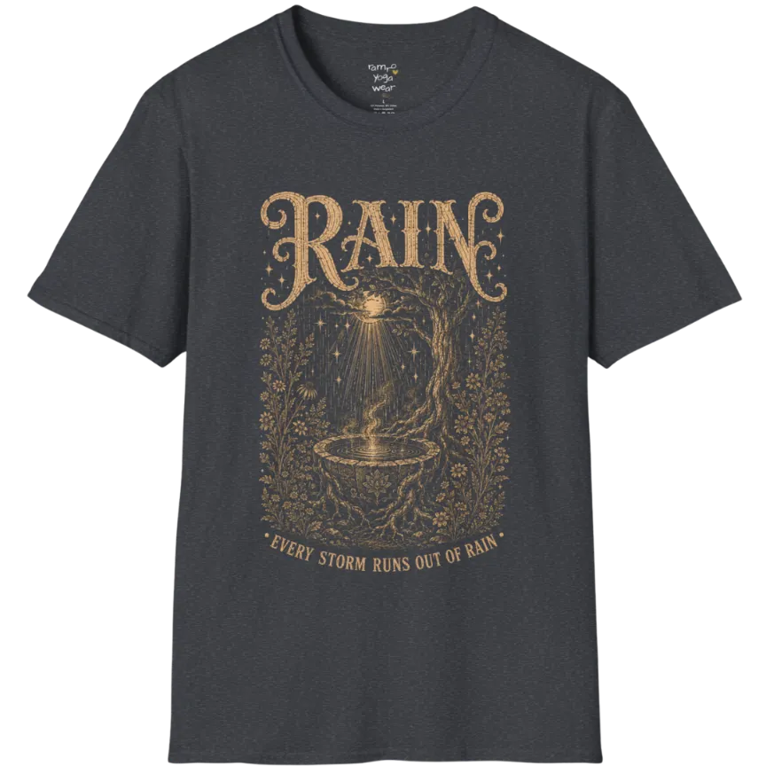 Rain falling into a stone basin beneath an ancient tree — Sacred Thread collection by Ramro Yoga Wear in Dark Heather Grey