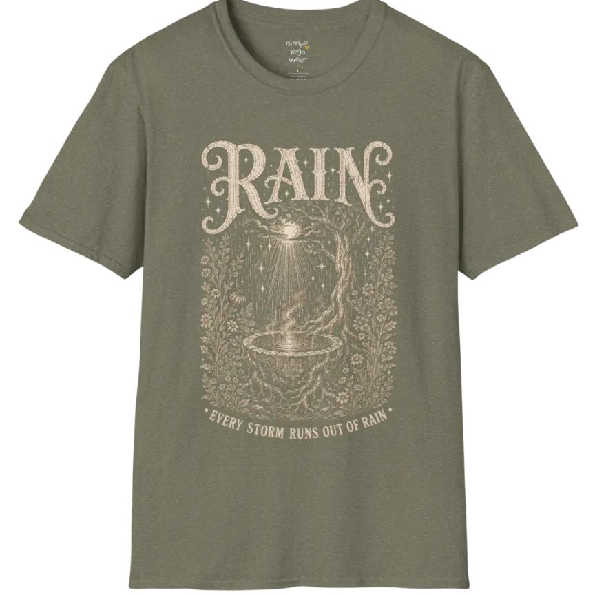 Rain falling into a stone basin beneath an ancient tree — Sacred Thread collection by Ramro Yoga Wear in Heather Military Green