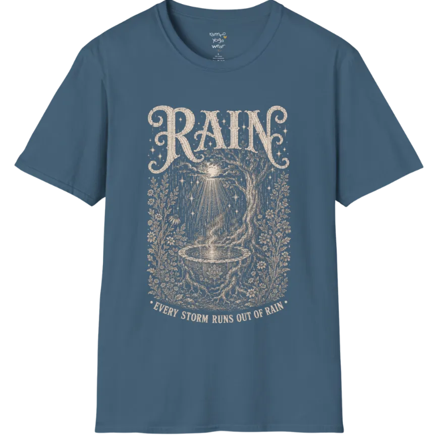 Rain falling into a stone basin beneath an ancient tree — Sacred Thread collection by Ramro Yoga Wear in Indigo Blue