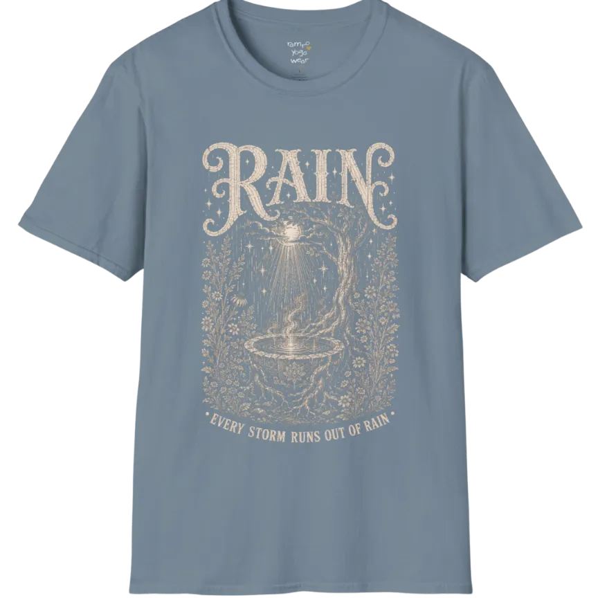 Rain falling into a stone basin beneath an ancient tree — Sacred Thread collection by Ramro Yoga Wear in Stone Blue