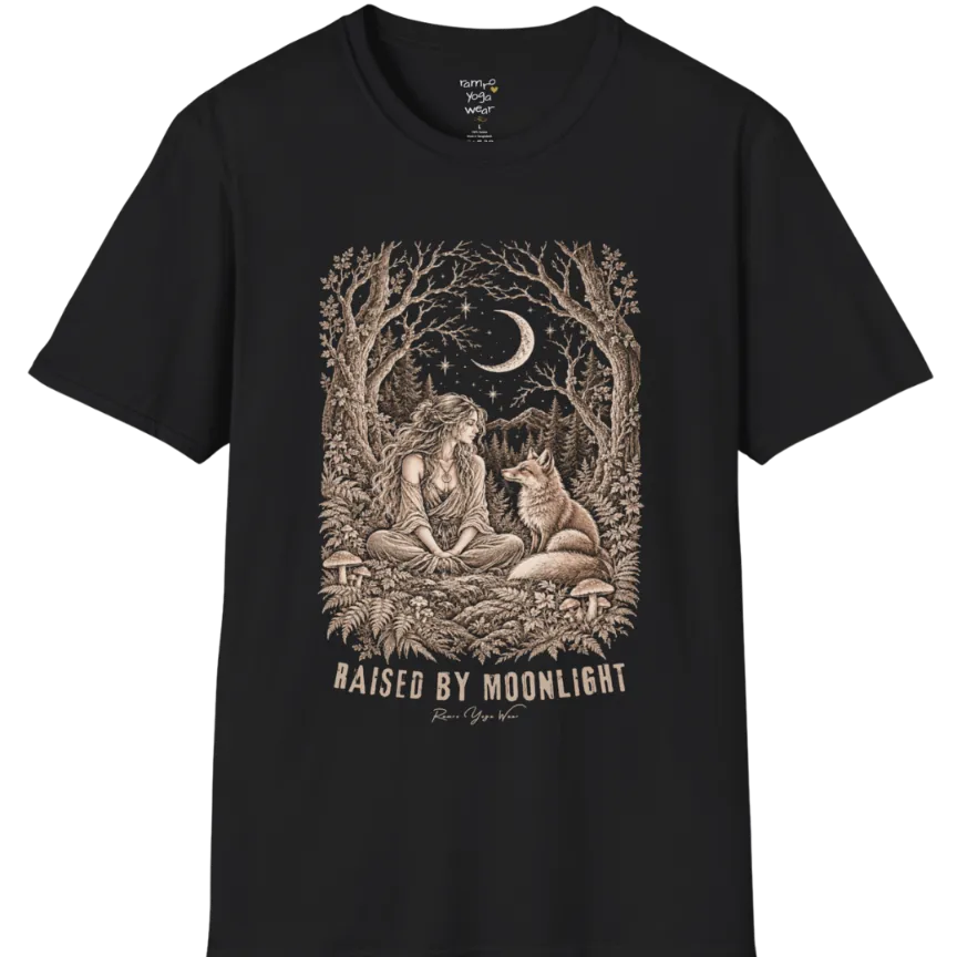 A short sleeved tee called the Raised T-Shirt, flat lay and a Gildan 64000 shirt. Simply says, Raised By Moonlight. Design highlights a woman sitting cross-legged in a moonlit forest clearing with a fox beside her, surrounded by mushrooms and ferns, in fine sepia linework. Color is Black.