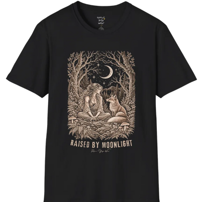 A short sleeved tee called the Raised T-Shirt, flat lay and a Gildan 64000 shirt. Simply says, Raised By Moonlight. Design highlights a woman sitting cross-legged in a moonlit forest clearing with a fox beside her, surrounded by mushrooms and ferns, in fine sepia linework. Color is Black.