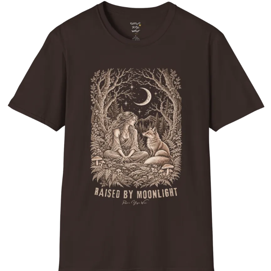 A short sleeved tee called the Raised T-Shirt, flat lay and a Gildan 64000 shirt. Simply says, Raised By Moonlight. Design highlights a woman sitting cross-legged in a moonlit forest clearing with a fox beside her, surrounded by mushrooms and ferns, in fine sepia linework. Color is Dark Chocolate.