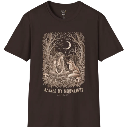 A short sleeved tee called the Raised T-Shirt, flat lay and a Gildan 64000 shirt. Simply says, Raised By Moonlight. Design highlights a woman sitting cross-legged in a moonlit forest clearing with a fox beside her, surrounded by mushrooms and ferns, in fine sepia linework. Color is Dark Chocolate.