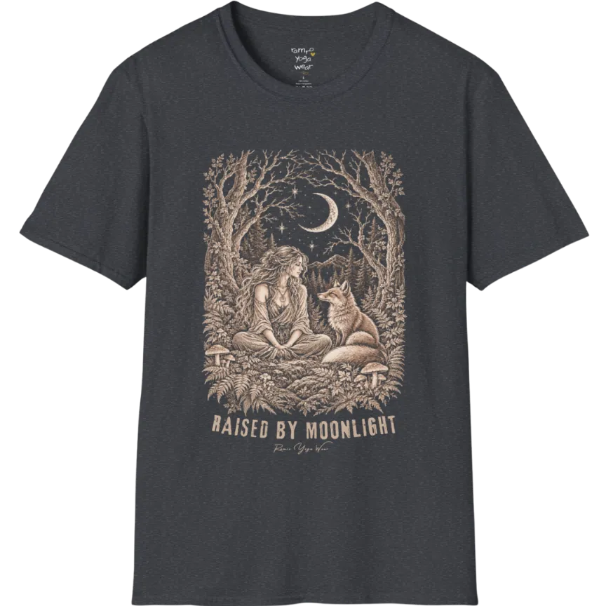 A short sleeved tee called the Raised T-Shirt, flat lay and a Gildan 64000 shirt. Simply says, Raised By Moonlight. Design highlights a woman sitting cross-legged in a moonlit forest clearing with a fox beside her, surrounded by mushrooms and ferns, in fine sepia linework. Color is Dark Heather Grey.
