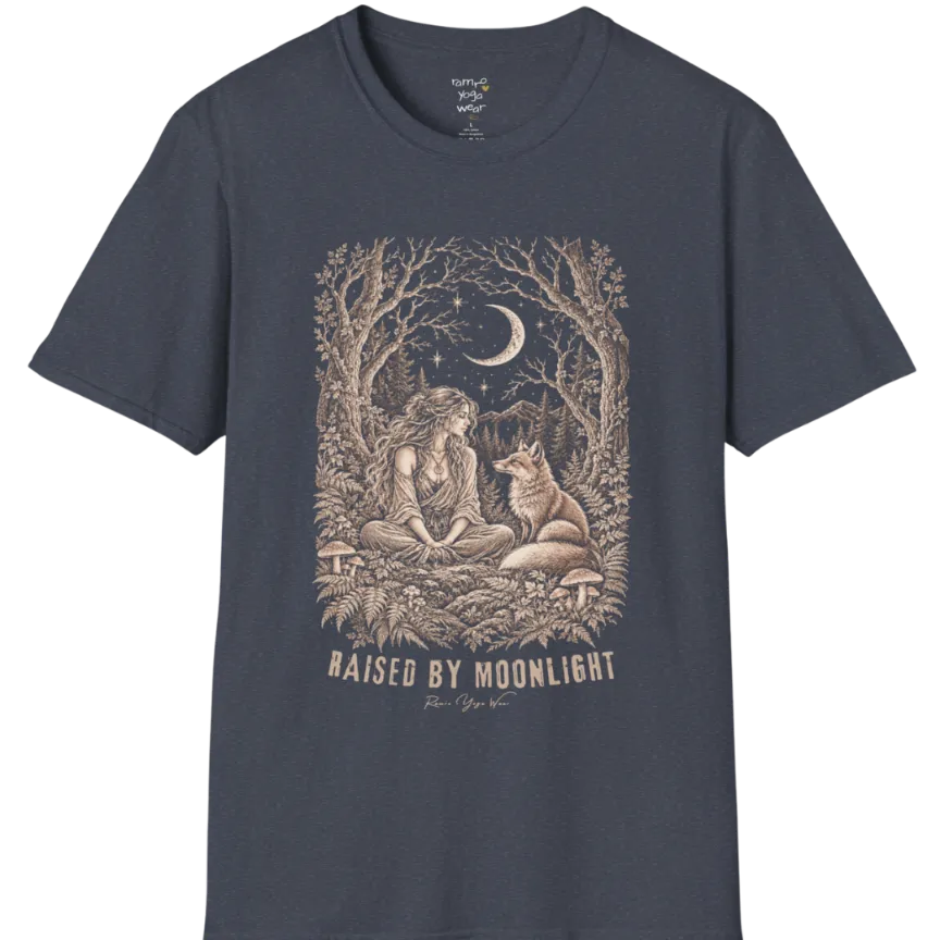 A short sleeved tee called the Raised T-Shirt, flat lay and a Gildan 64000 shirt. Simply says, Raised By Moonlight. Design highlights a woman sitting cross-legged in a moonlit forest clearing with a fox beside her, surrounded by mushrooms and ferns, in fine sepia linework. Color is Heather Navy.