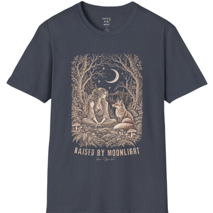 A short sleeved tee called the Raised T-Shirt, flat lay and a Gildan 64000 shirt. Simply says, Raised By Moonlight. Design highlights a woman sitting cross-legged in a moonlit forest clearing with a fox beside her, surrounded by mushrooms and ferns, in fine sepia linework. Color is Heather Navy.