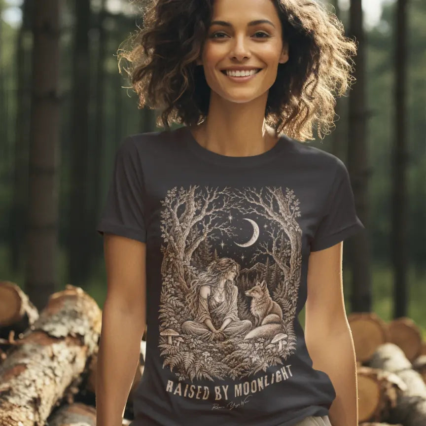 A short sleeved tee called the Raised T-Shirt, Gildan 64000 shirt, worn on a smiling model standing in front of stacked firewood logs in a forest. Simply says, Raised By Moonlight. Design highlights a woman sitting cross-legged in a moonlit forest clearing with a fox beside her, surrounded by mushrooms and ferns, in fine sepia linework. Color is Dark Heather Grey.