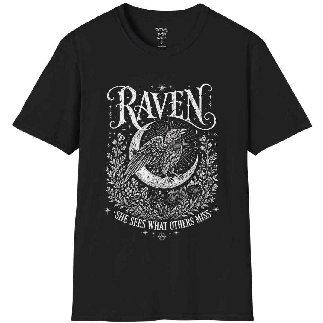 Black Raven T-Shirt featuring mystical raven artwork with moon phases, celestial detailing, and vintage-inspired spiritual illustration styling