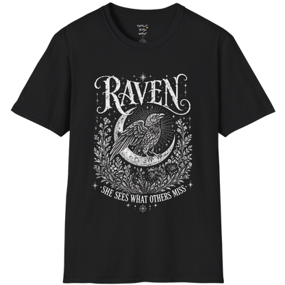 Black Raven T-Shirt featuring mystical raven artwork with moon phases, celestial detailing, and vintage-inspired spiritual illustration styling