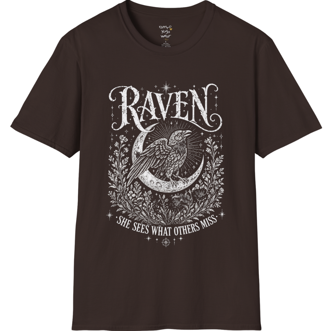 Dark Chocolate Raven T-Shirt with ornate raven illustration, moon symbolism, and distressed mystical artwork inspired by ancient folklore