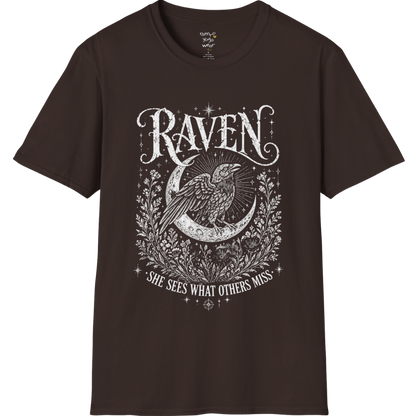 Dark Chocolate Raven T-Shirt with ornate raven illustration, moon symbolism, and distressed mystical artwork inspired by ancient folklore