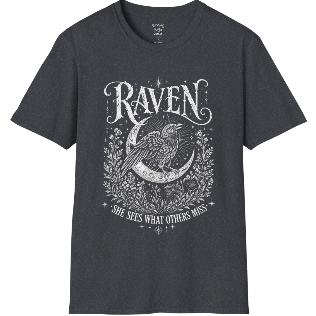 Dark Heather Grey Raven T-Shirt featuring celestial raven artwork with vintage botanical detailing and moonlit spiritual energy
