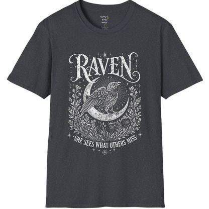 Dark Heather Grey Raven T-Shirt featuring celestial raven artwork with vintage botanical detailing and moonlit spiritual energy