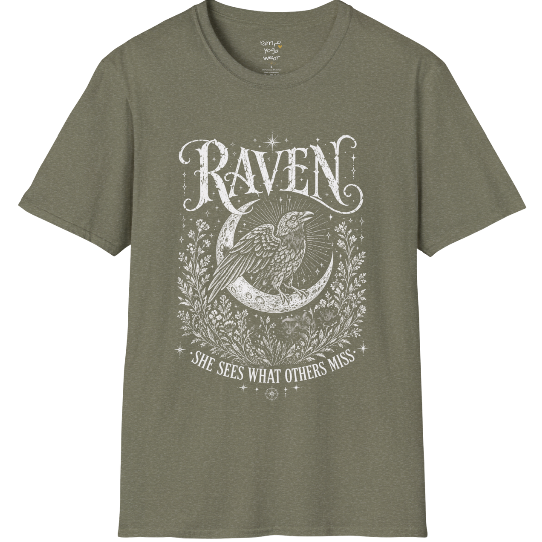 Heather Military Green Raven T-Shirt with mystical raven graphic, engraved-style artwork, and soulful moon-inspired symbolism