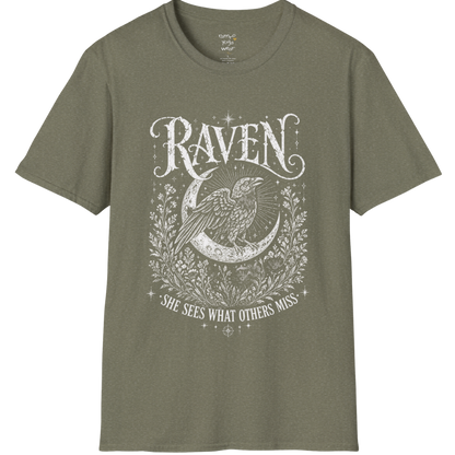 Heather Military Green Raven T-Shirt with mystical raven graphic, engraved-style artwork, and soulful moon-inspired symbolism