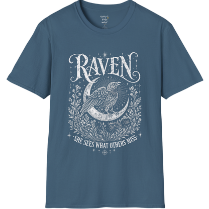 Indigo Blue Raven T-Shirt featuring vintage raven illustration with celestial accents and mystical boho-inspired artwork