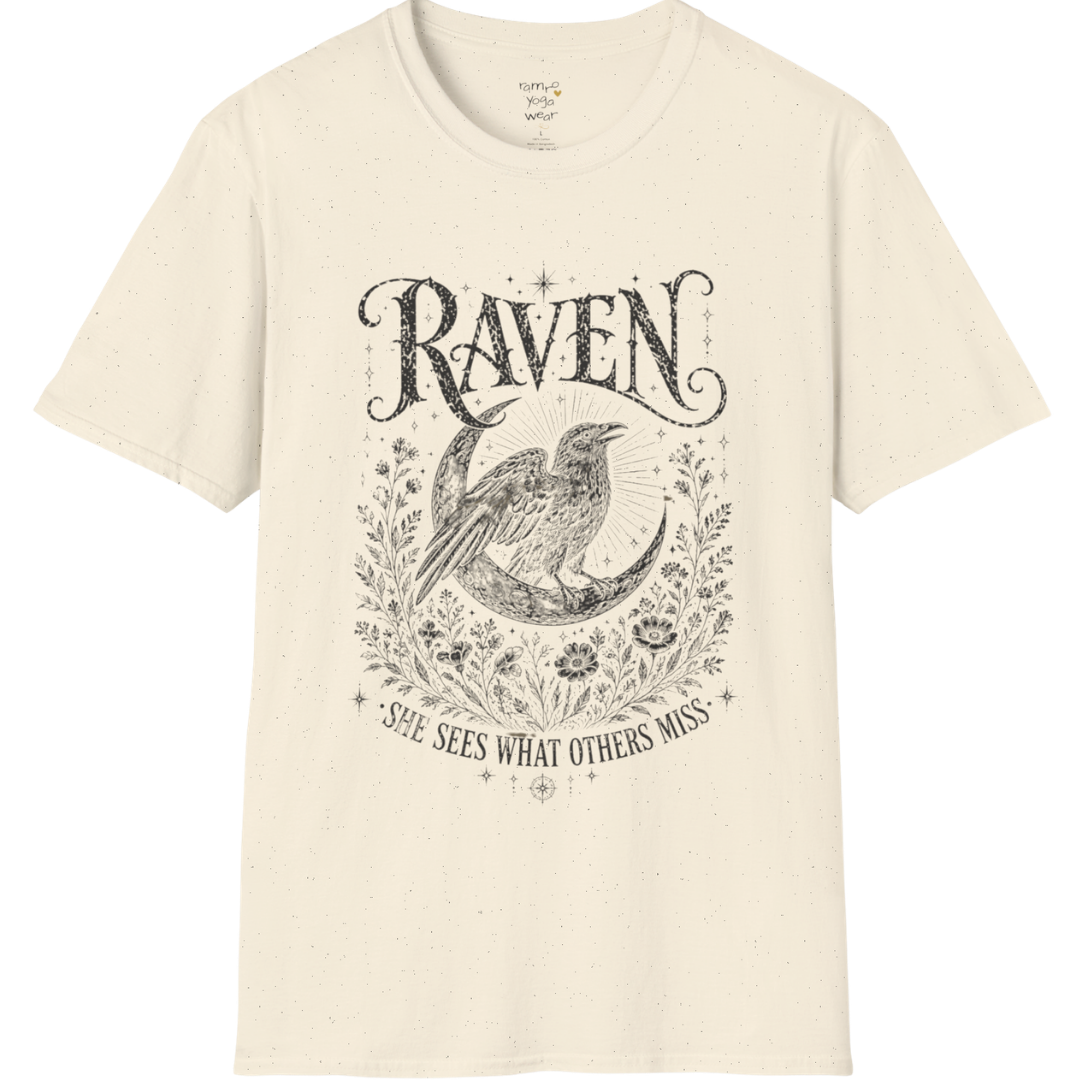 Natural Raven T-Shirt with vintage mystical raven artwork, moon phase symbolism, and distressed celestial illustration styling