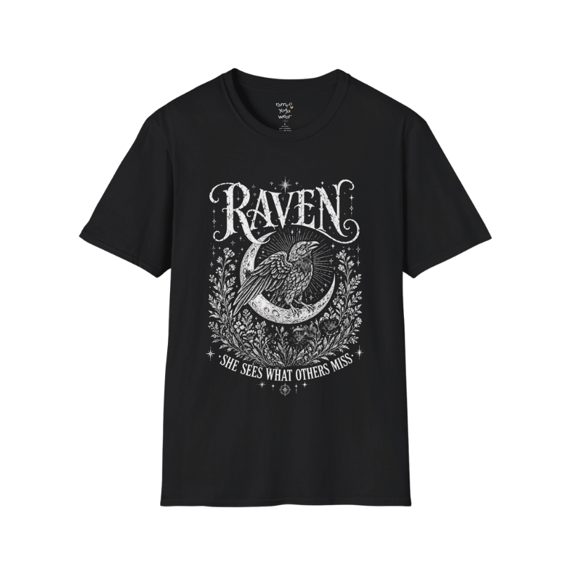 Black Raven T-Shirt featuring mystical raven artwork with moon phases, celestial detailing, and vintage-inspired spiritual illustration styling.