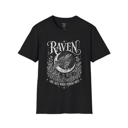 Black Raven T-Shirt featuring mystical raven artwork with moon phases, celestial detailing, and vintage-inspired spiritual illustration styling.