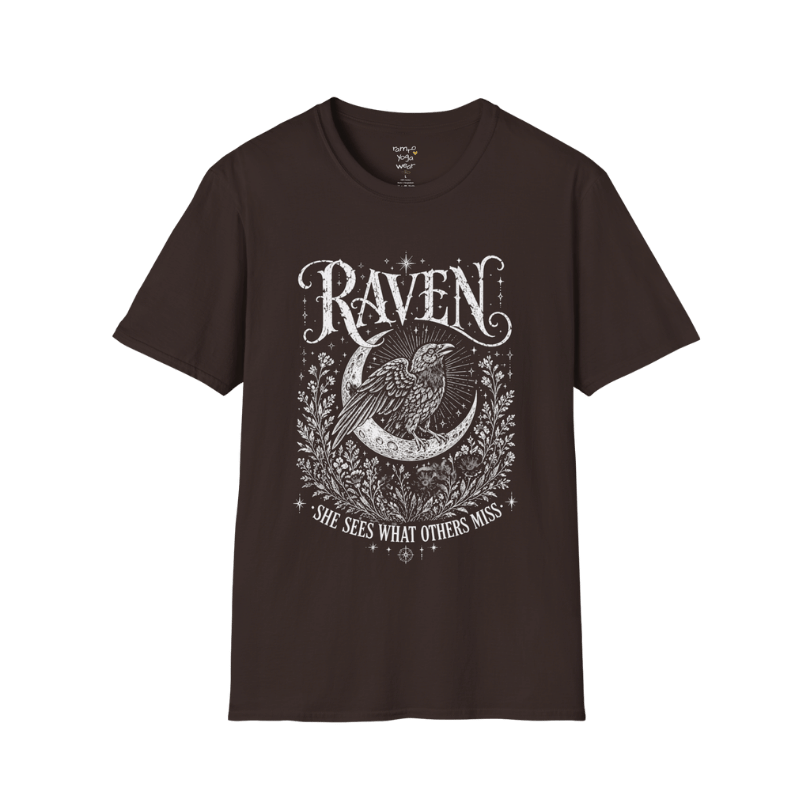 Dark Chocolate Raven T-Shirt with ornate raven illustration, moon symbolism, and distressed mystical artwork inspired by ancient folklore.
