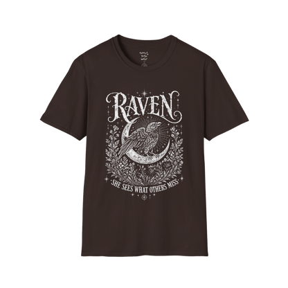 Dark Chocolate Raven T-Shirt with ornate raven illustration, moon symbolism, and distressed mystical artwork inspired by ancient folklore.