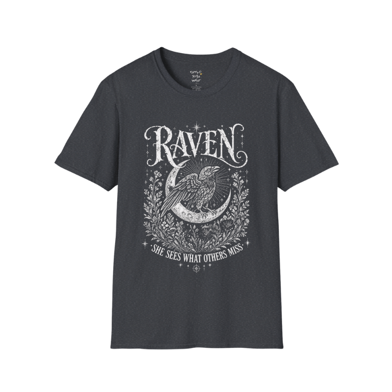 Dark Heather Grey Raven T-Shirt featuring celestial raven artwork with vintage botanical detailing and moonlit spiritual energy.