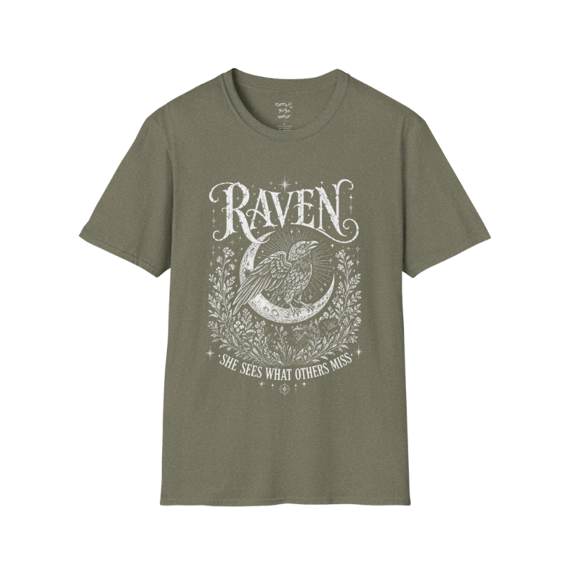 Heather Military Green Raven T-Shirt with mystical raven graphic, engraved-style artwork, and soulful moon-inspired symbolism