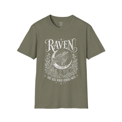 Heather Military Green Raven T-Shirt with mystical raven graphic, engraved-style artwork, and soulful moon-inspired symbolism