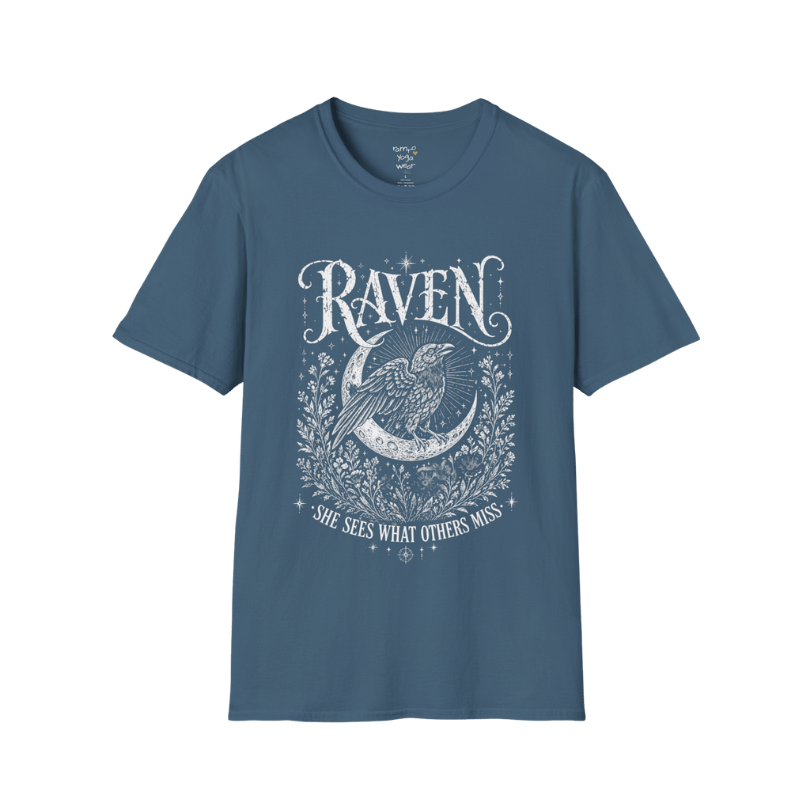 Indigo Blue Raven T-Shirt featuring vintage raven illustration with celestial accents and mystical boho-inspired artwork.