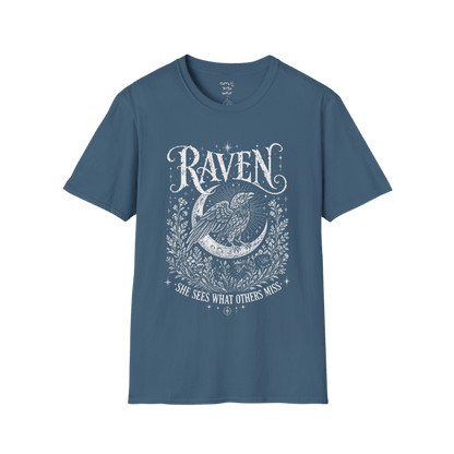 Indigo Blue Raven T-Shirt featuring vintage raven illustration with celestial accents and mystical boho-inspired artwork.