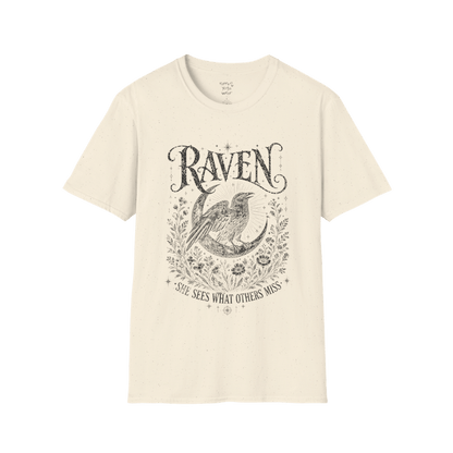 Natural Raven T-Shirt with vintage mystical raven artwork, moon phase symbolism, and distressed celestial illustration styling.