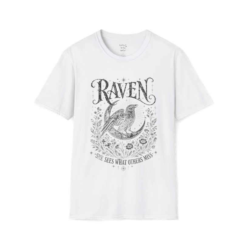 White Raven T-Shirt with celestial raven illustration, mystical moon-inspired artwork, and vintage spiritual graphic styling