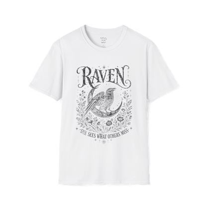White Raven T-Shirt with celestial raven illustration, mystical moon-inspired artwork, and vintage spiritual graphic styling