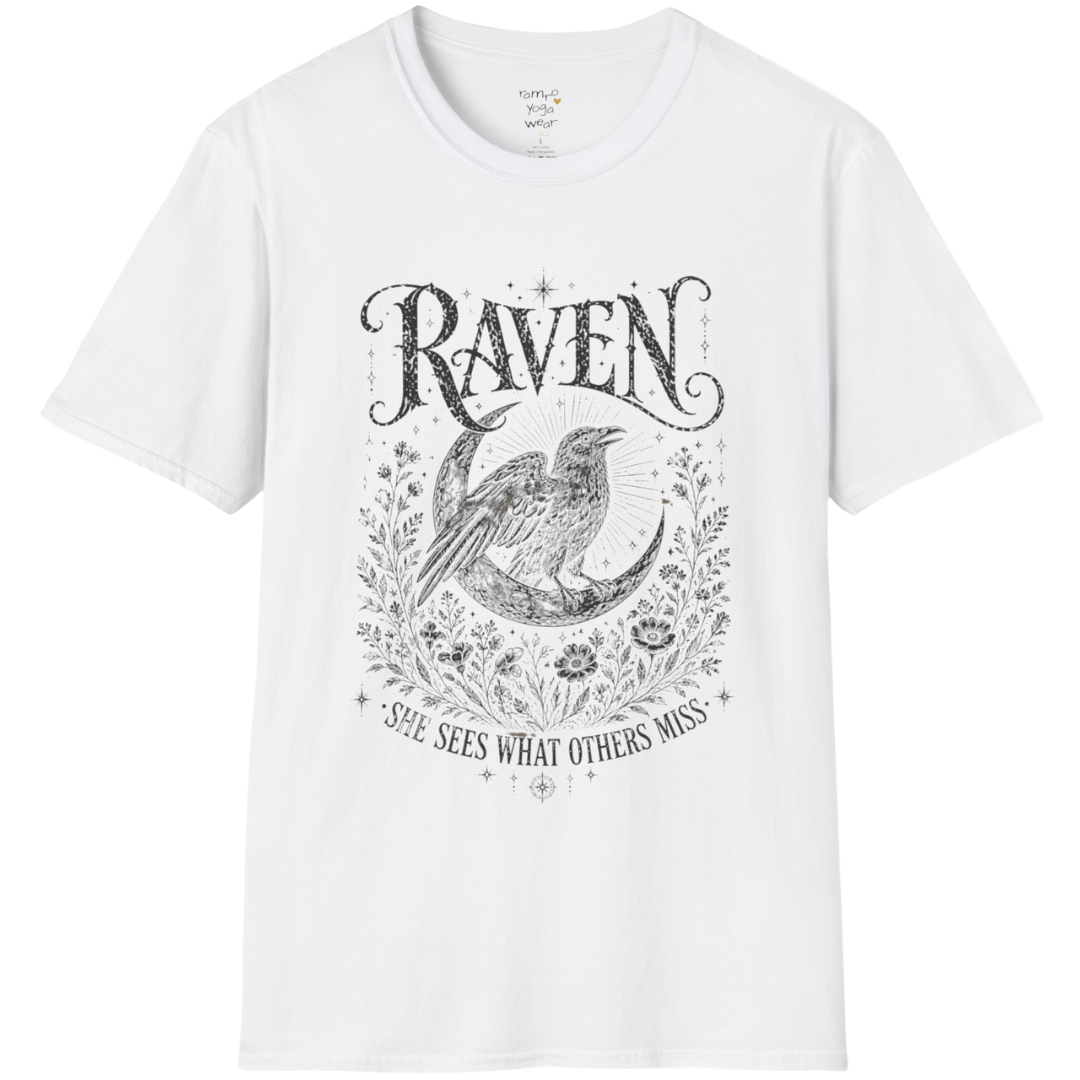 White Raven T-Shirt with celestial raven illustration, mystical moon-inspired artwork, and vintage spiritual graphic styling