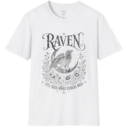 White Raven T-Shirt with celestial raven illustration, mystical moon-inspired artwork, and vintage spiritual graphic styling