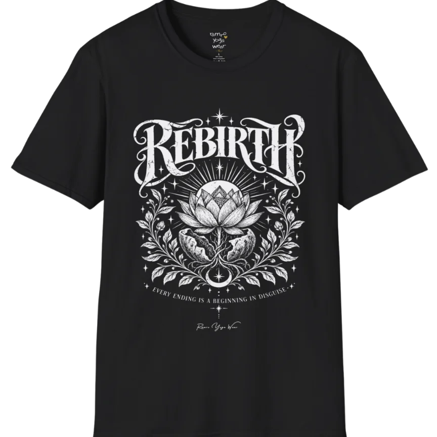 Lotus emerging from a cracked seed pod with sunrise breaking behind it, fine botanical detailing at the base. Rebirth T-Shirt flat lay is a Gildan 64000 and the color is Black.