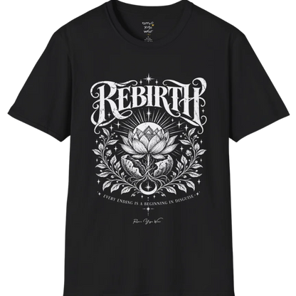 Lotus emerging from a cracked seed pod with sunrise breaking behind it, fine botanical detailing at the base. Rebirth T-Shirt flat lay is a Gildan 64000 and the color is Black.