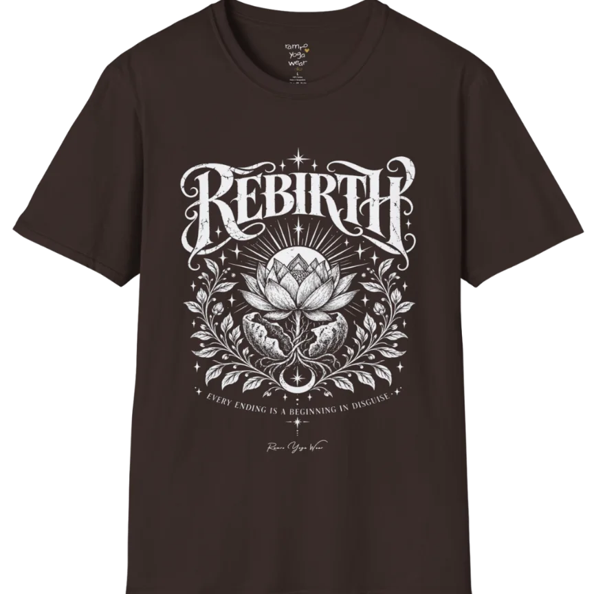 Lotus emerging from a cracked seed pod with sunrise breaking behind it, fine botanical detailing at the base. Rebirth T-Shirt flat lay is a Gildan 64000 and the color is Dark Chocolate.