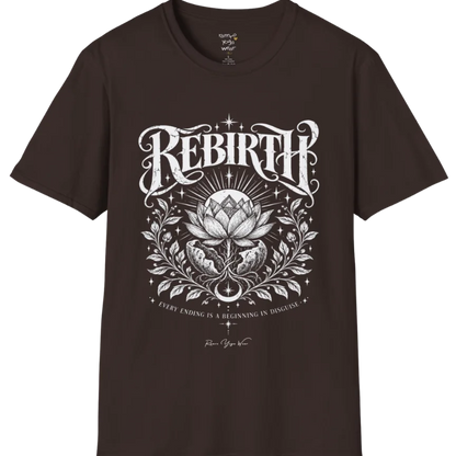 Lotus emerging from a cracked seed pod with sunrise breaking behind it, fine botanical detailing at the base. Rebirth T-Shirt flat lay is a Gildan 64000 and the color is Dark Chocolate.