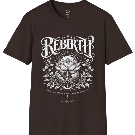 Lotus emerging from a cracked seed pod with sunrise breaking behind it, fine botanical detailing at the base. Rebirth T-Shirt flat lay is a Gildan 64000 and the color is Dark Chocolate.
