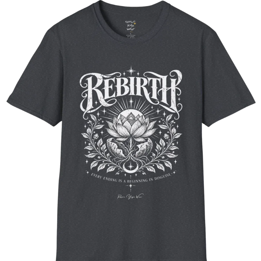 Lotus emerging from a cracked seed pod with sunrise breaking behind it, fine botanical detailing at the base. Rebirth T-Shirt flat lay is a Gildan 64000 and the color is Dark Heather Grey.