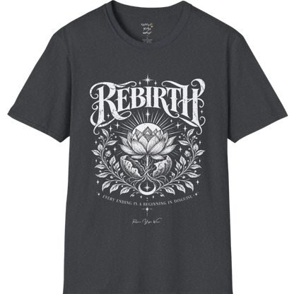 Lotus emerging from a cracked seed pod with sunrise breaking behind it, fine botanical detailing at the base. Rebirth T-Shirt flat lay is a Gildan 64000 and the color is Dark Heather Grey.