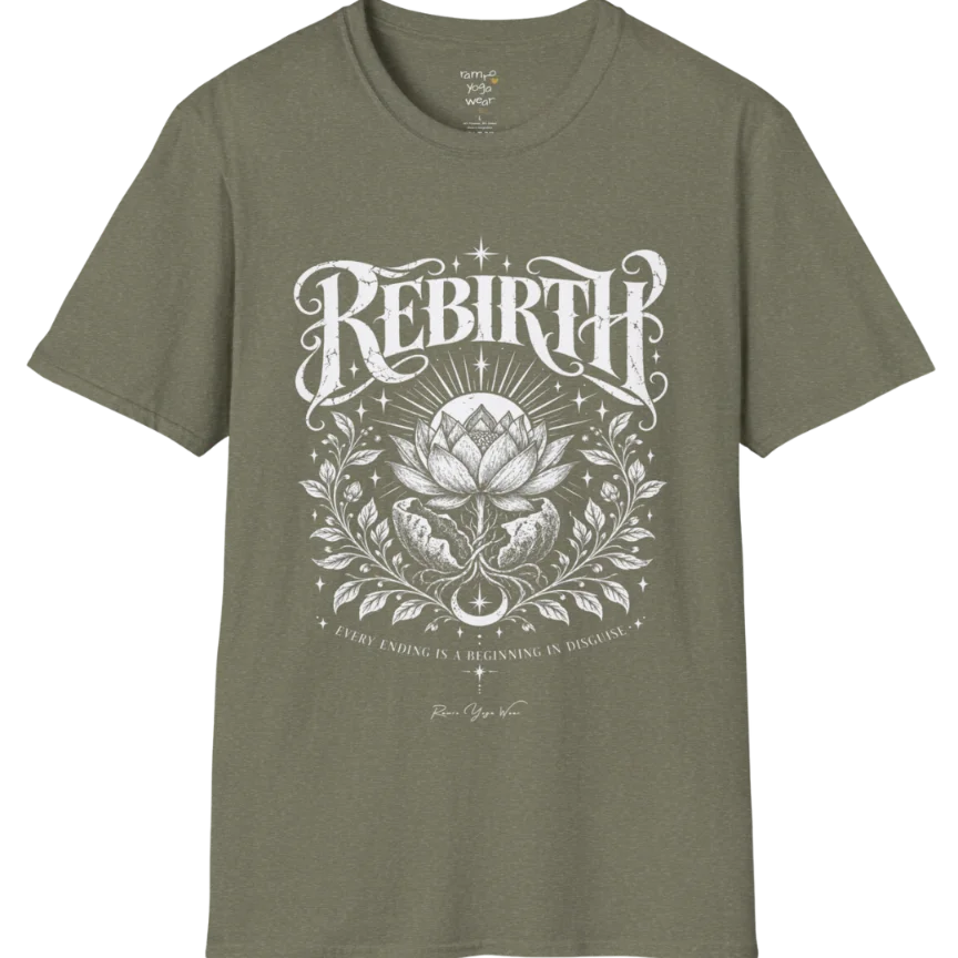 Lotus emerging from a cracked seed pod with sunrise breaking behind it, fine botanical detailing at the base. Rebirth T-Shirt flat lay is a Gildan 64000 and the color is Heather Military Green.