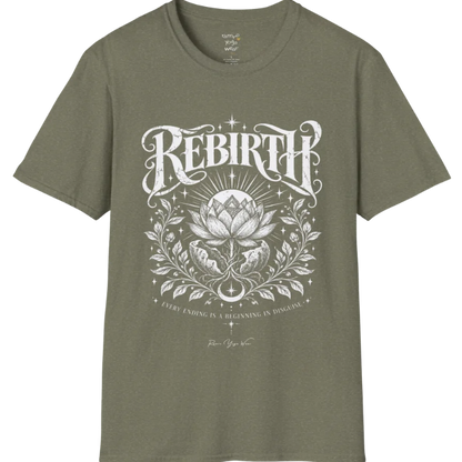 Lotus emerging from a cracked seed pod with sunrise breaking behind it, fine botanical detailing at the base. Rebirth T-Shirt flat lay is a Gildan 64000 and the color is Heather Military Green.