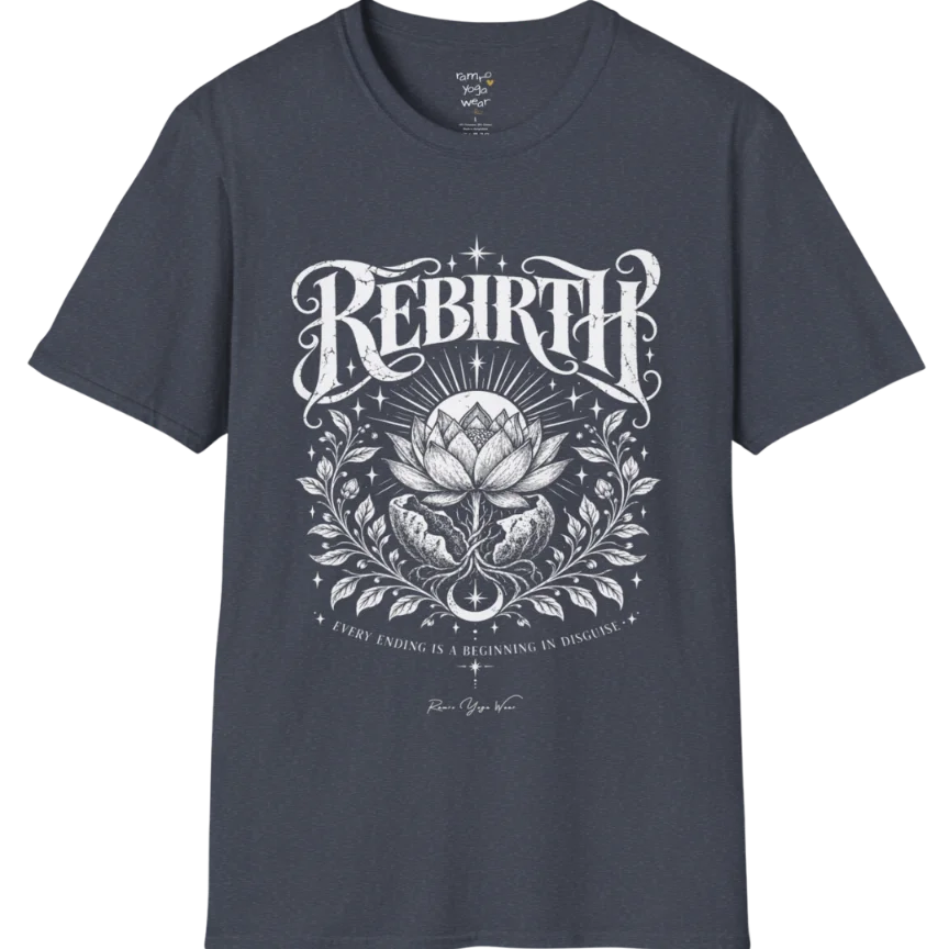 Lotus emerging from a cracked seed pod with sunrise breaking behind it, fine botanical detailing at the base. Rebirth T-Shirt flat lay is a Gildan 64000 and the color is Heather Navy.